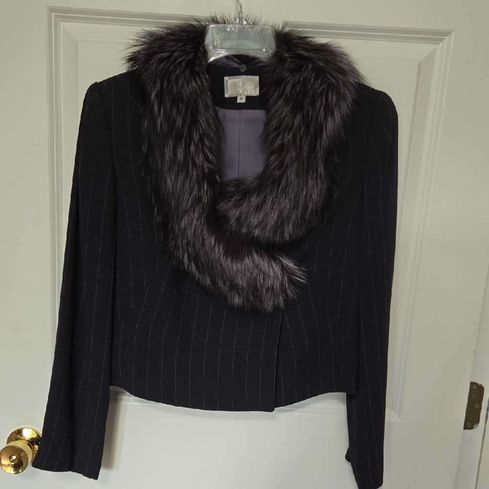 3 piece Alberto Makali Purple Pinstripe Blazer with real Fox Fur Collar